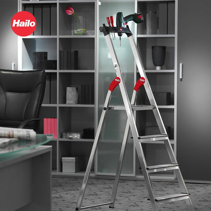 Hailo Folding Step Stool, 4 - Step Ladder with Multipurpose Tray for Garage, Home & Kitchen – L60 Silver | Sturdy Aluminum Construction, Slip - Resistant Feet, High Safety Rail - KI Home
