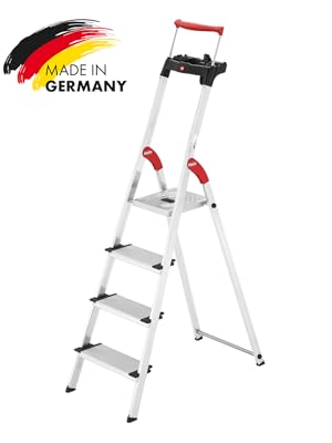 Hailo Folding Step Stool, 5 - Step Ladder with Multipurpose Tray for Garage, Home & Kitchen – L60 Silver | Sturdy Aluminum Construction, Slip - Resistant Feet, High Safety Rail - KI Home