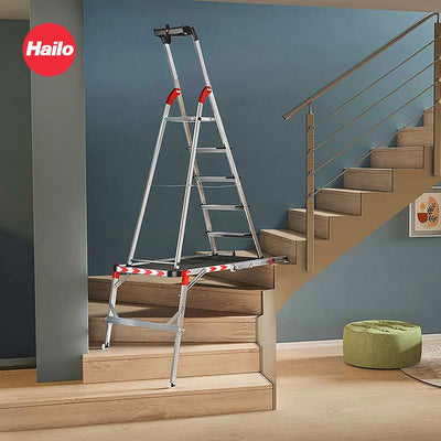 Hailo Folding Step Stool, 5 - Step Ladder with Multipurpose Tray for Garage, Home & Kitchen – L60 Silver | Sturdy Aluminum Construction, Slip - Resistant Feet, High Safety Rail - KI Home