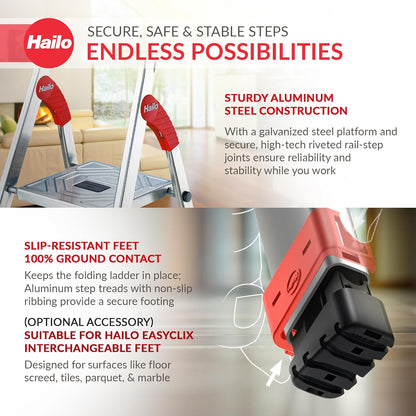 Hailo Folding Step Stool, 5 - Step Ladder with Multipurpose Tray for Garage, Home & Kitchen – L60 Silver | Sturdy Aluminum Construction, Slip - Resistant Feet, High Safety Rail - KI Home