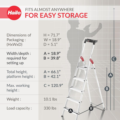 Hailo Folding Step Stool, 5 - Step Ladder with Multipurpose Tray for Garage, Home & Kitchen – L60 Silver | Sturdy Aluminum Construction, Slip - Resistant Feet, High Safety Rail - KI Home