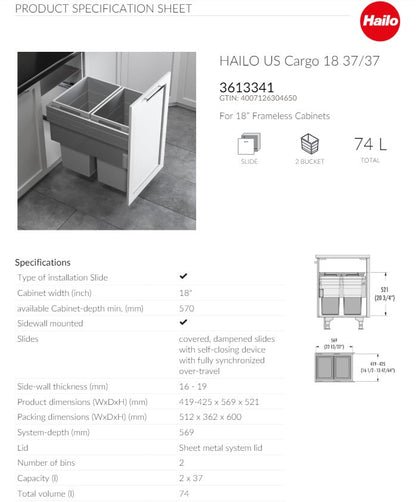 Hailo US Cargo 18 Full Access Waste Bin - 54 Liters (2 x 27L Bins), Soft - Close Pull - Out - KI Home