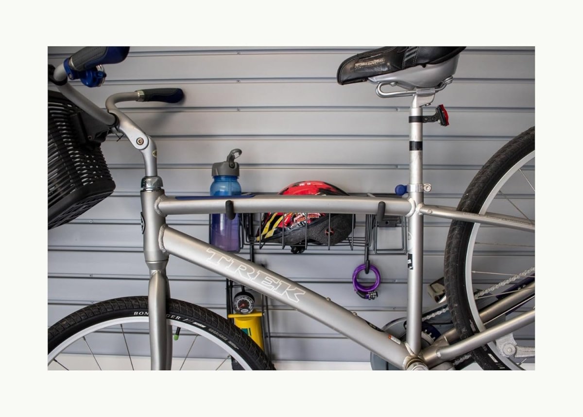 HandiWall Horizontal Bike Rack with Storage Basket | Slatwall Panel Garage Organizer - KI Home