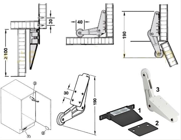 Hands - Free Toe Kick Garbage Can Cabinet Door Opener Foot Pedal with Magentic catch, Counter - plate and Spring - loaded roller arm - KI Home