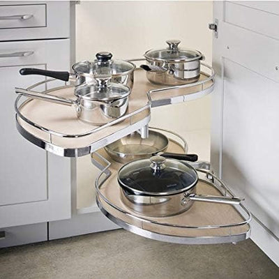 Lemans II Set 2 - Shelf Lazy Susan with Soft - Close for Blind Base Corner Cabinets Chrome and Maple Model 60 Swing Left - KI Home