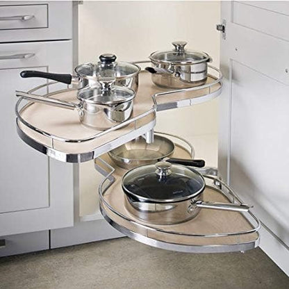Lemans II Set 2 - Shelf Lazy Susan with Soft - Close for Blind Base Corner Cabinets Chrome and Maple Model 60 Swing Left - KI Home