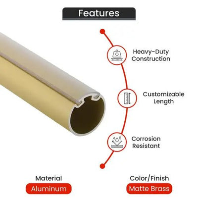 Matte Brass Premium Custom Cut - to - size (12" - 96" long) Wardrobe Rod kit with Protective top cover and End Supports - KI Home