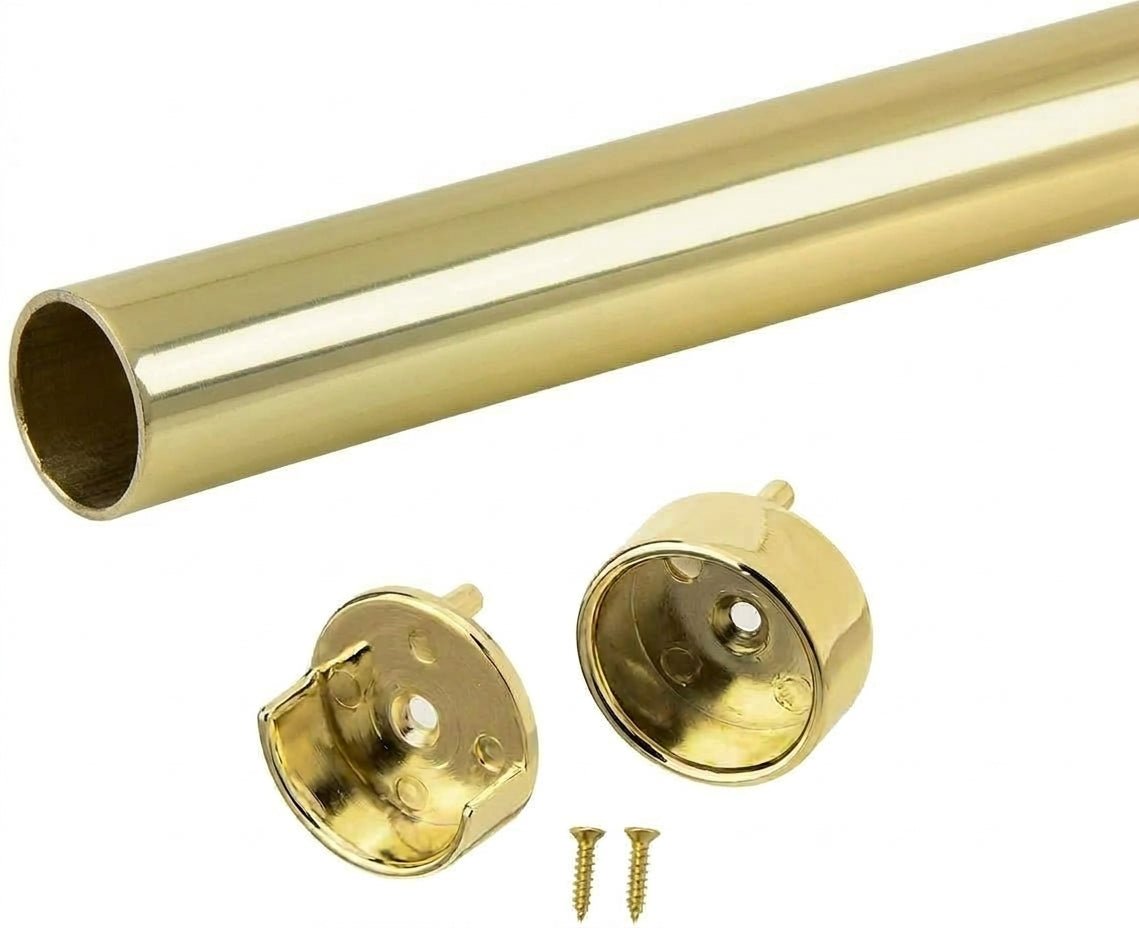 Polished Brass Custom Cut 1-5/16" (33 mm) Diameter Wardrobe Closet Rod with End Supports | 12–96 Inch Lengths - KI Home