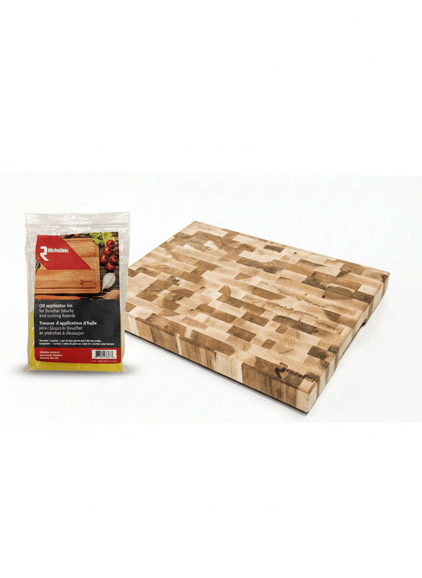Richelieu End Grain Butcher Block with plastic Feet and Application Care Kit - Premium Canadian Maple - KI Home