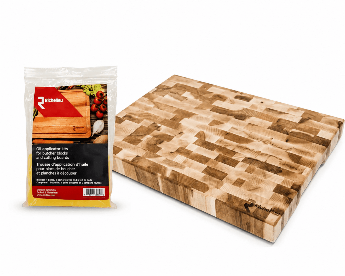 Richelieu End Grain Butcher Block with plastic Feet and Application Care Kit - Premium Canadian Maple - KI Home