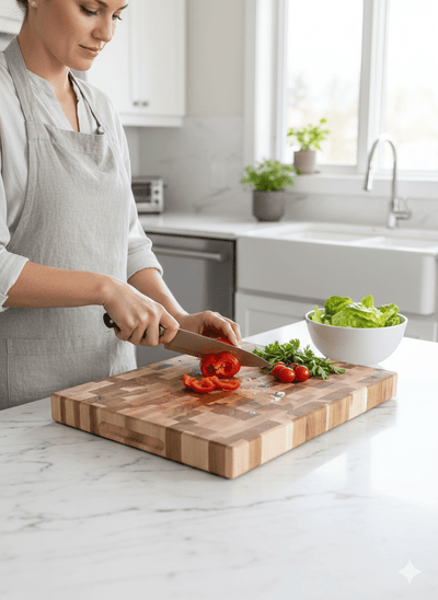 Richelieu End Grain Butcher Block with plastic Feet and Application Care Kit - Premium Canadian Maple - KI Home