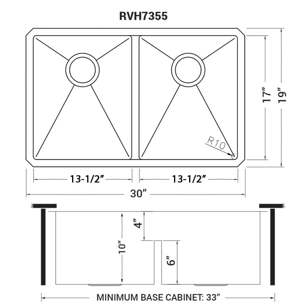 Ruvati 30 - inch Low - Divide Undermount Rounded Corners 50/50 Double Bowl 16 Gauge Stainless Steel Kitchen Sink – RVH7355 - KI Home