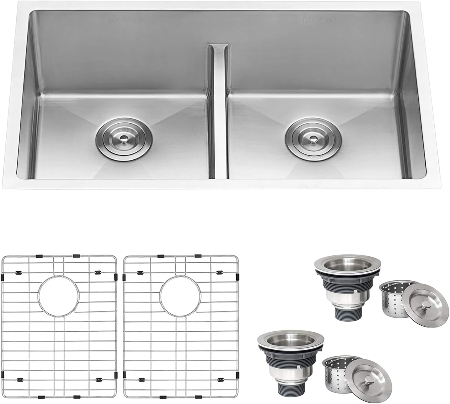 Ruvati 32 - inch Low - Divide Undermount 50/50 Double Bowl 16 Gauge Rounded Corners Stainless Steel Kitchen Sink – RVH7411 - KI Home