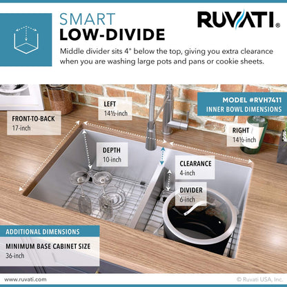 Ruvati 32 - inch Low - Divide Undermount 50/50 Double Bowl 16 Gauge Rounded Corners Stainless Steel Kitchen Sink – RVH7411 - KI Home