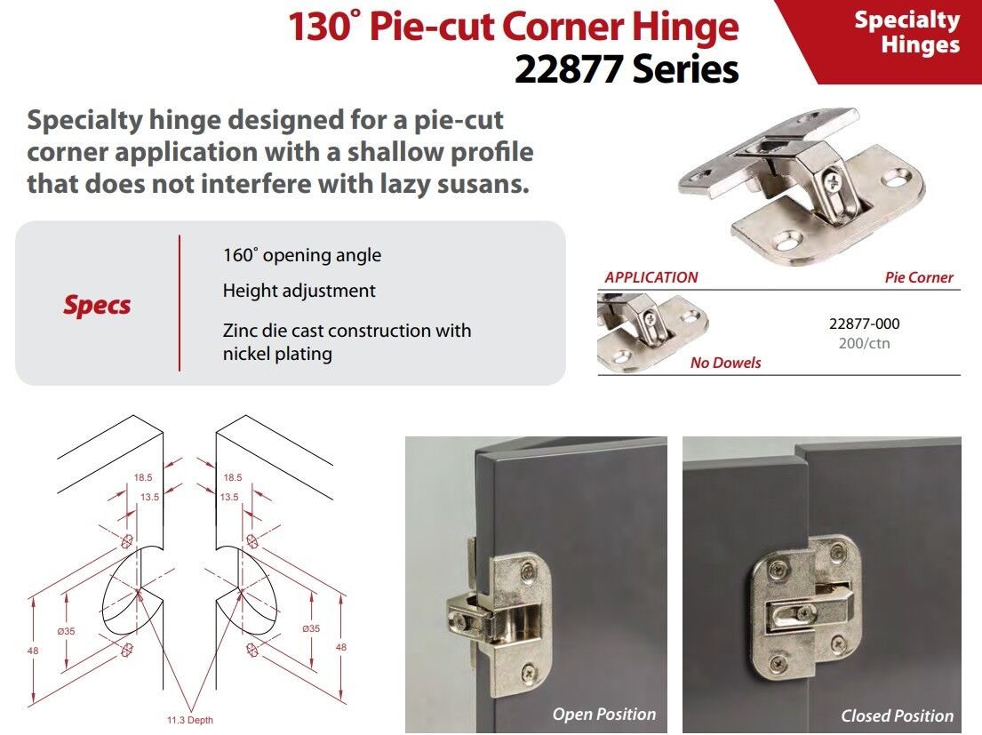 Heavy Duty 22877000 Series Full Inset Adjustable Concealed Pie-Cut Corner Euro Hinge with 160 Degree Opening Angle
