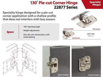 Heavy Duty 22877000 Series Full Inset Adjustable Concealed Pie-Cut Corner Euro Hinge with 160 Degree Opening Angle