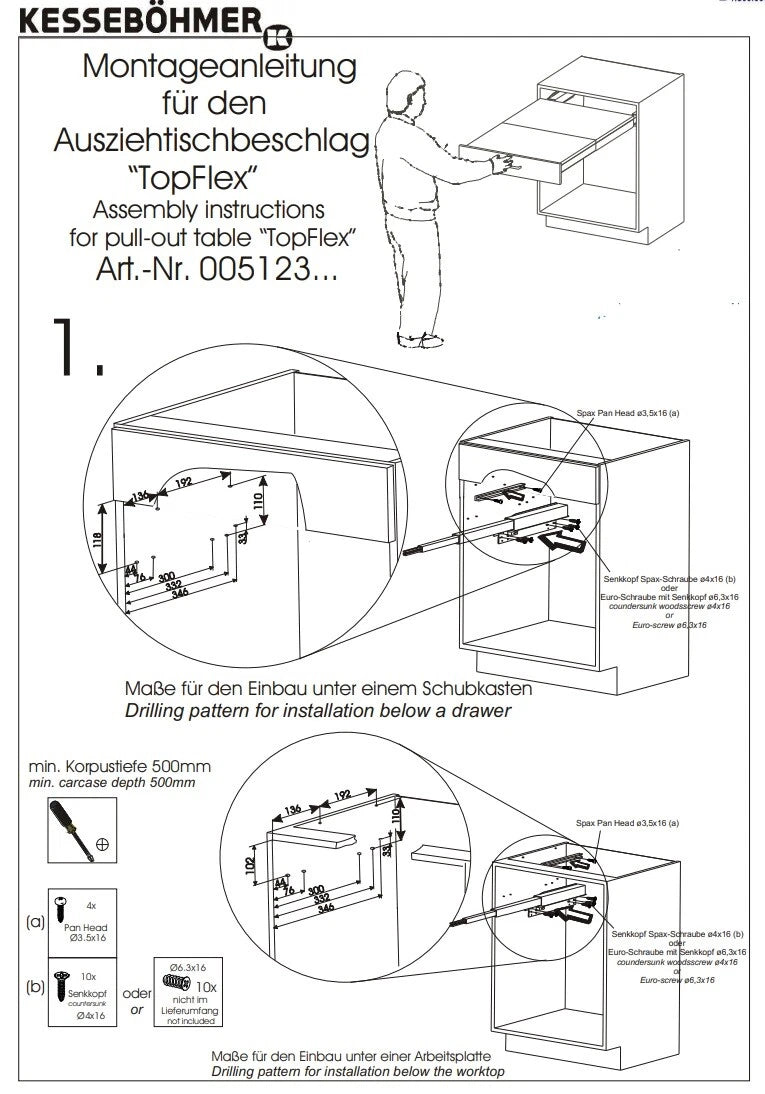 Kessebohmer Top Flex Pullout Heavy-Duty Kitchen Table System Fittings Kit