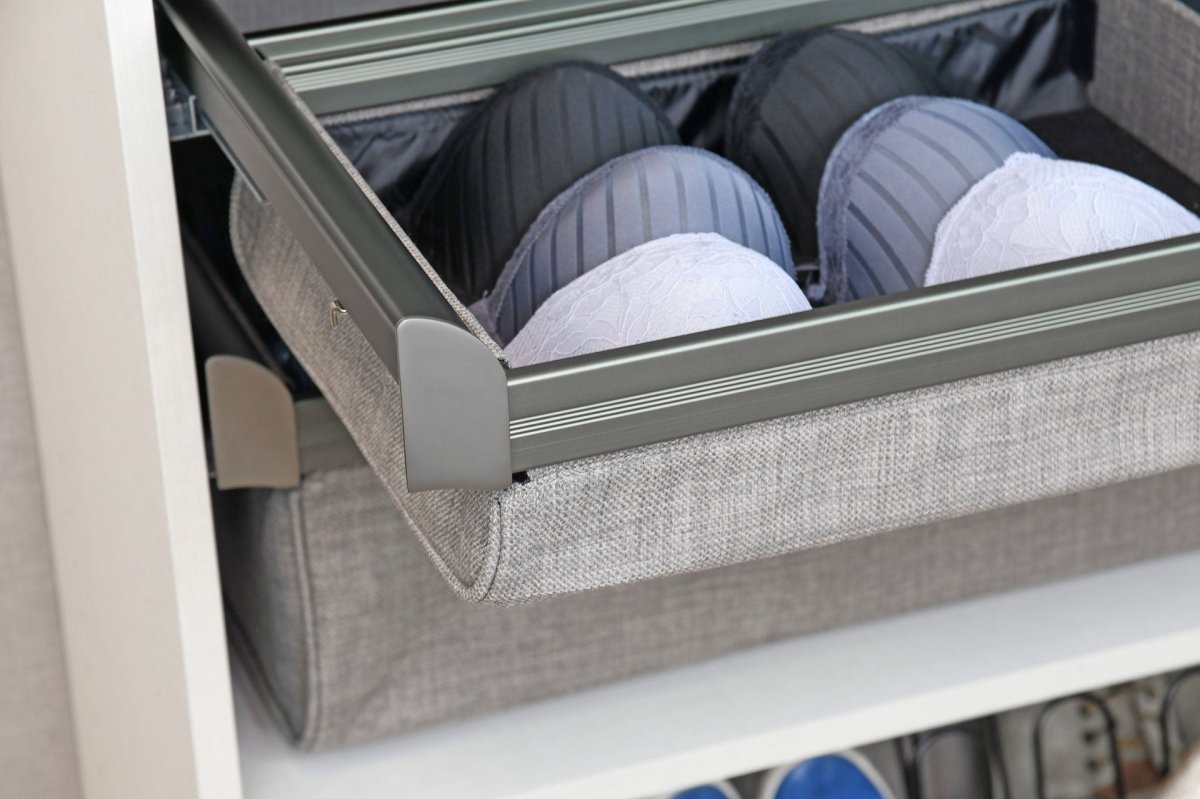 TAG Hardware Engage Lingerie Pullout Full extension Soft - close Undermount slides: 14 - Inch Depth, Customizable Compartments with Adjustable Dividers - KI Home