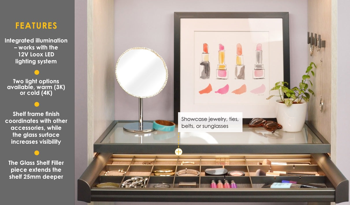 TAG Hardware Illuminated Glass Shelf Cool White Light (4000K) with 12V Loox LED Lighting