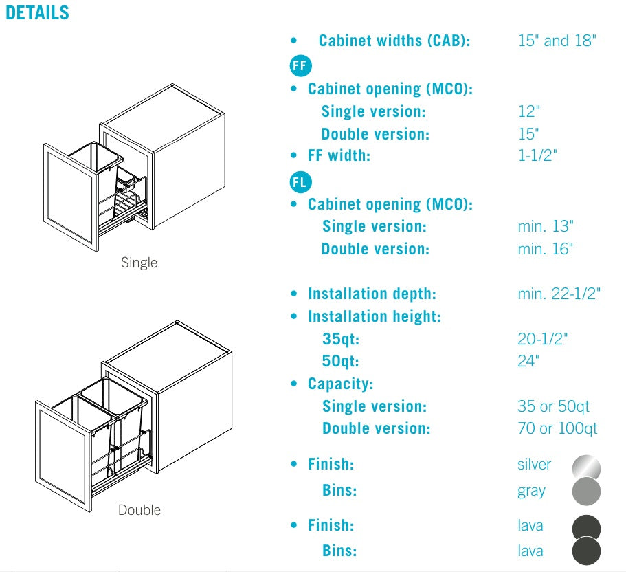 Vauth-Sagel Envi BMT Single 35 or 50 Quart Bottom Mount Soft-Close Waste Container System