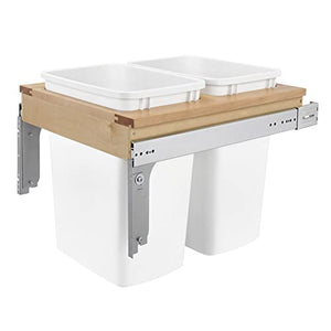 Rev-A-Shelf Double Pull-Out Trash Can for Base Kitchen/ Bathroom Cabinets, 35 Qt Wood Top Mount Garbage Bin, 15" x 1.5" Face-Frame, White, 4WCTM-18DM2