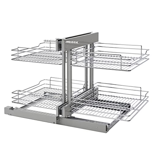 Rev-A-Shelf Dual Tier Pull Out Shelf Organizer for Blind Corner Kitchen or Bathroom Cabinets with Soft Close,15", 4 Shelves, Chrome, 5PSP-15SC-CR