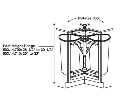 Hafele KV Rotating Corner Base Cabinet Recycling Trash Center with Three 3 x 32 qts Capacity Chrome/White Bins