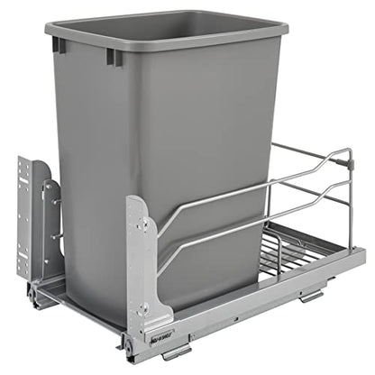Rev-A-Shelf Pull-Out Trash Can for Under Kitchen Cabinets 35 Quart 8.75 Gallon with Soft-Close Slides and Rear Storage, Champagne, 53WC-1535SCDM-112