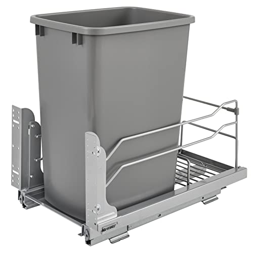 Rev-A-Shelf Pull-Out Trash Can for Under Kitchen Cabinets 35 Quart 8.75 Gallon with Soft-Close Slides and Rear Storage, Champagne, 53WC-1535SCDM-112