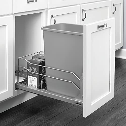 Rev-A-Shelf Pull-Out Trash Can for Under Kitchen Cabinets 35 Quart 8.75 Gallon with Soft-Close Slides and Rear Storage, Champagne, 53WC-1535SCDM-112