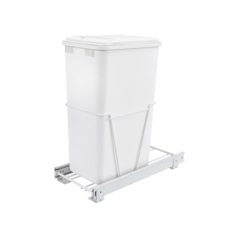 Rev-A-Shelf Single Pullout 35 Quart Trash Can for Base Kitchen or Bathroom Cabinets with Slides and Simple Installation, White, RV-12PB