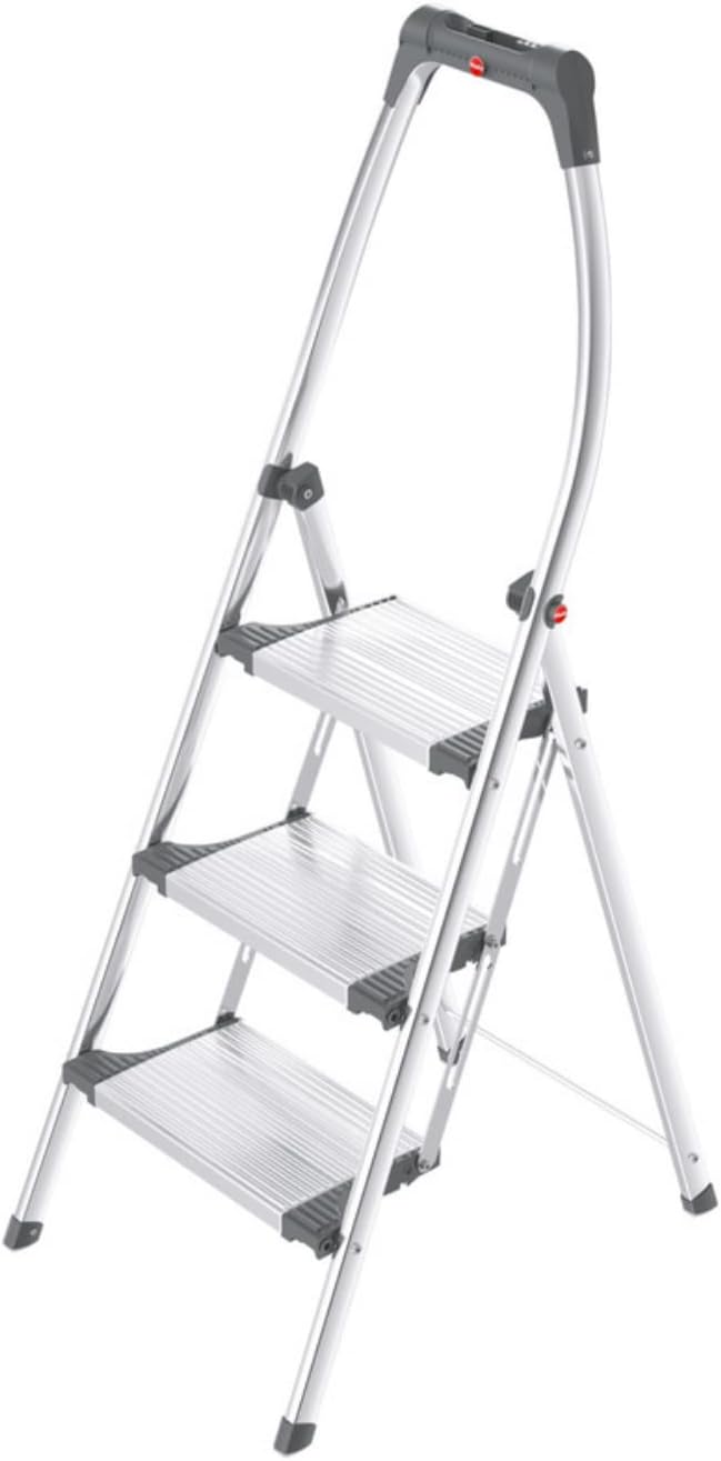 Hailo LivingStep Comfort Plus Aluminum 3-Step Folding Stepladder with high Curved Safety bar and Storage Tray