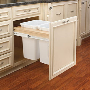 Rev-A-Shelf Double Pull-Out Trash Can for Base Kitchen/ Bathroom Cabinets, 35 Qt Wood Top Mount Garbage Bin, 15" x 1.5" Face-Frame, White, 4WCTM-18DM2