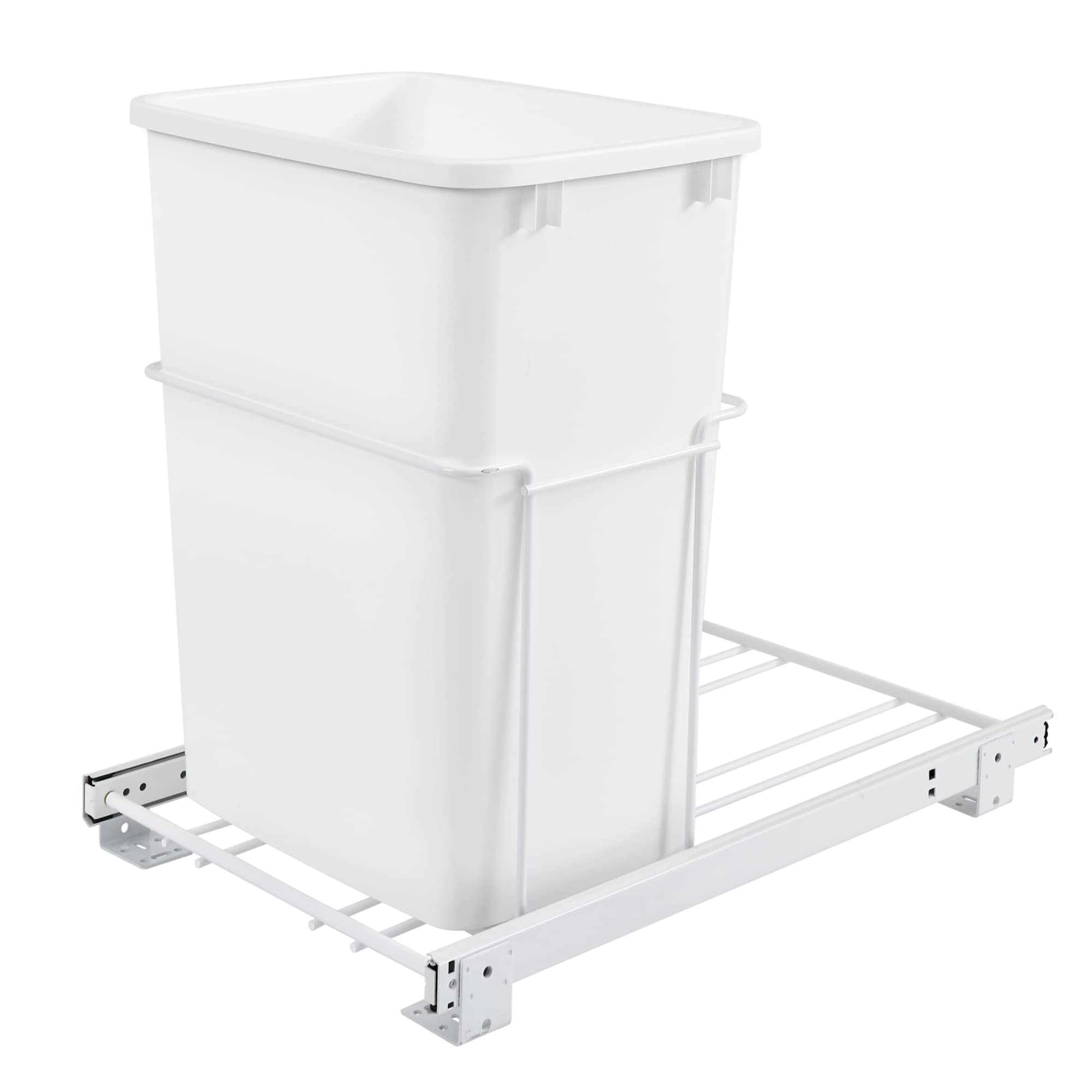 Rev-A-Shelf Single Pull Out 35 Qt Sliding Waste Bin Trash Container for Base Kitchen Cabinet, Wire Frame w/Ball Bearings, White, RV-18PB-1