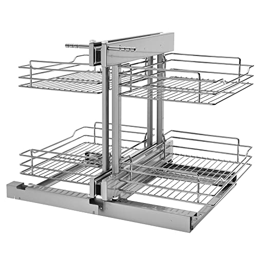 Rev-A-Shelf Dual Tier Pull Out Shelf Organizer for Blind Corner Kitchen or Bathroom Cabinets with Soft Close,15", 4 Shelves, Chrome, 5PSP-15SC-CR