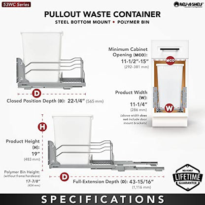 Rev-A-Shelf Pull-Out Trash Can for Under Kitchen Cabinets 35 Quart 8.75 Gallon with Soft-Close Slides and Rear Storage, Champagne, 53WC-1535SCDM-112