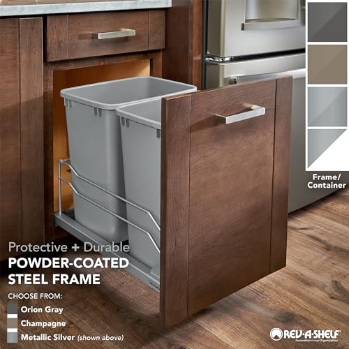 Rev-A-Shelf Pull-Out Trash Can for Under Kitchen Cabinets 35 Quart 8.75 Gallon with Soft-Close Slides and Rear Storage, Champagne, 53WC-1535SCDM-112