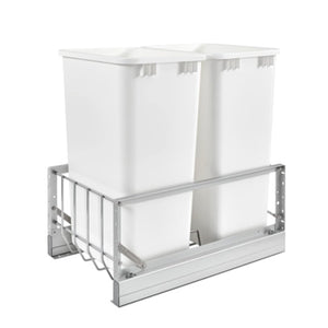 Rev-A-Shelf Double Pull Out Waste Container Storage with 2 27 Qt Trash Cans and Wire Basket for Kitchen Cabinets, White, 5349-1527DM-2