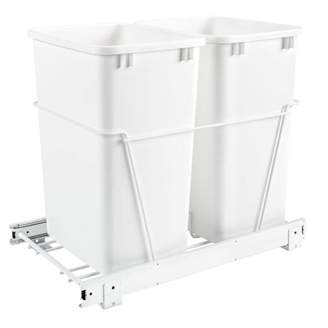 Rev-A-Shelf Single Pull Out 35 Qt Sliding Waste Bin Trash Container for Base Kitchen Cabinet, Wire Frame w/Ball Bearings, White, RV-18PB-1