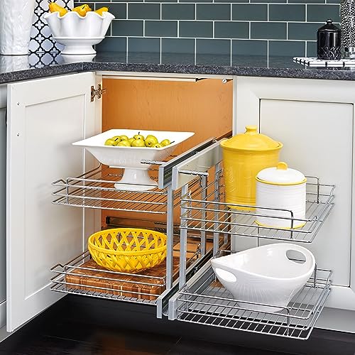 Rev-A-Shelf Dual Tier Pull Out Shelf Organizer for Blind Corner Kitchen or Bathroom Cabinets with Soft Close,15", 4 Shelves, Chrome, 5PSP-15SC-CR