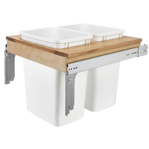 Rev-A-Shelf Double Pull-Out Trash Can for Base Kitchen/ Bathroom Cabinets, 35 Qt Wood Top Mount Garbage Bin, 15" x 1.5" Face-Frame, White, 4WCTM-18DM2