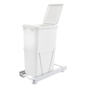 Rev-A-Shelf Single Pullout 35 Quart Trash Can for Base Kitchen or Bathroom Cabinets with Slides and Simple Installation, White, RV-12PB