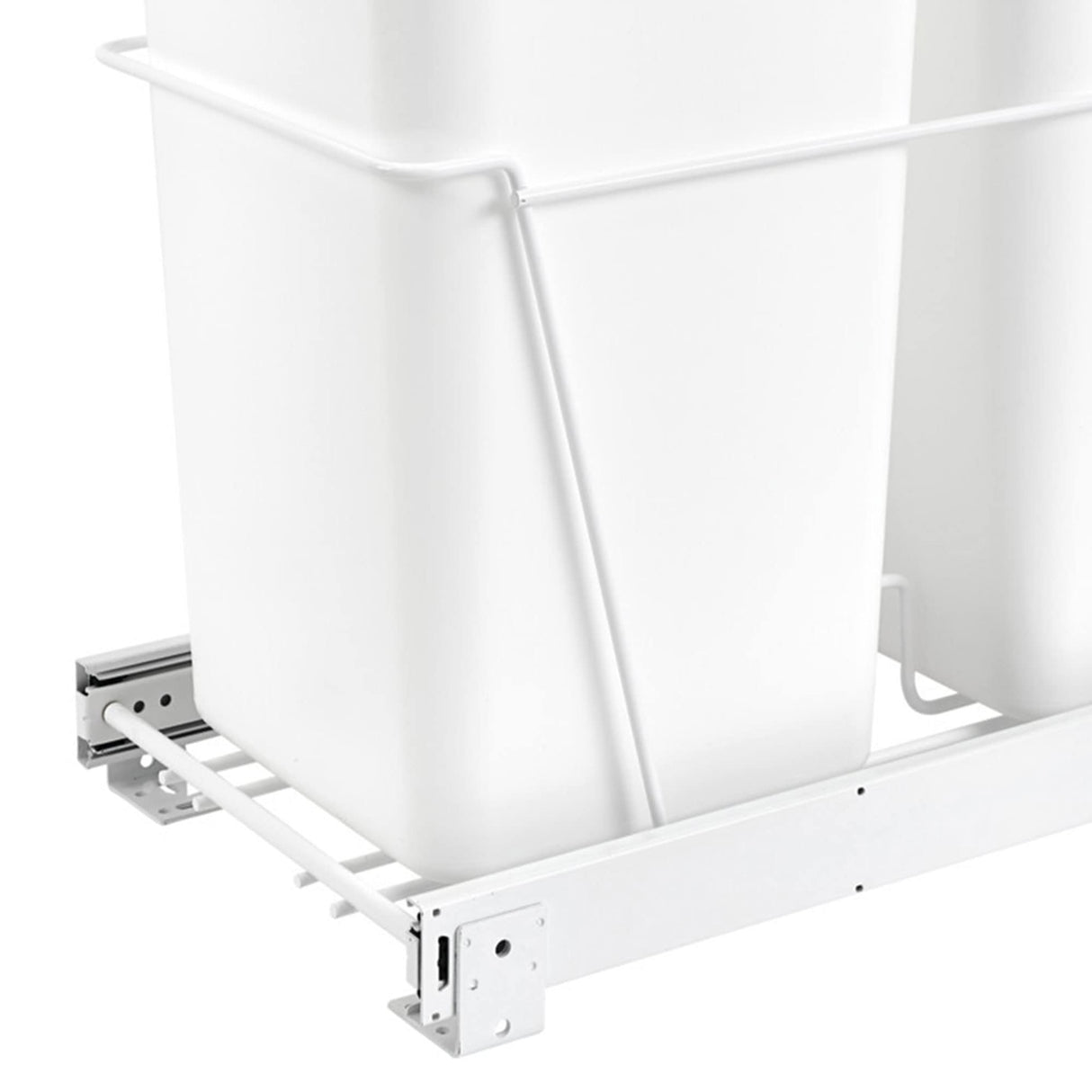Rev-A-Shelf Double 27 Qt Pull Out Chrome Wire Trash Can Container Bin Bottom Mount for Kitchen Cabinet with Full-Extension Slides, White, RV-15PB-2 S