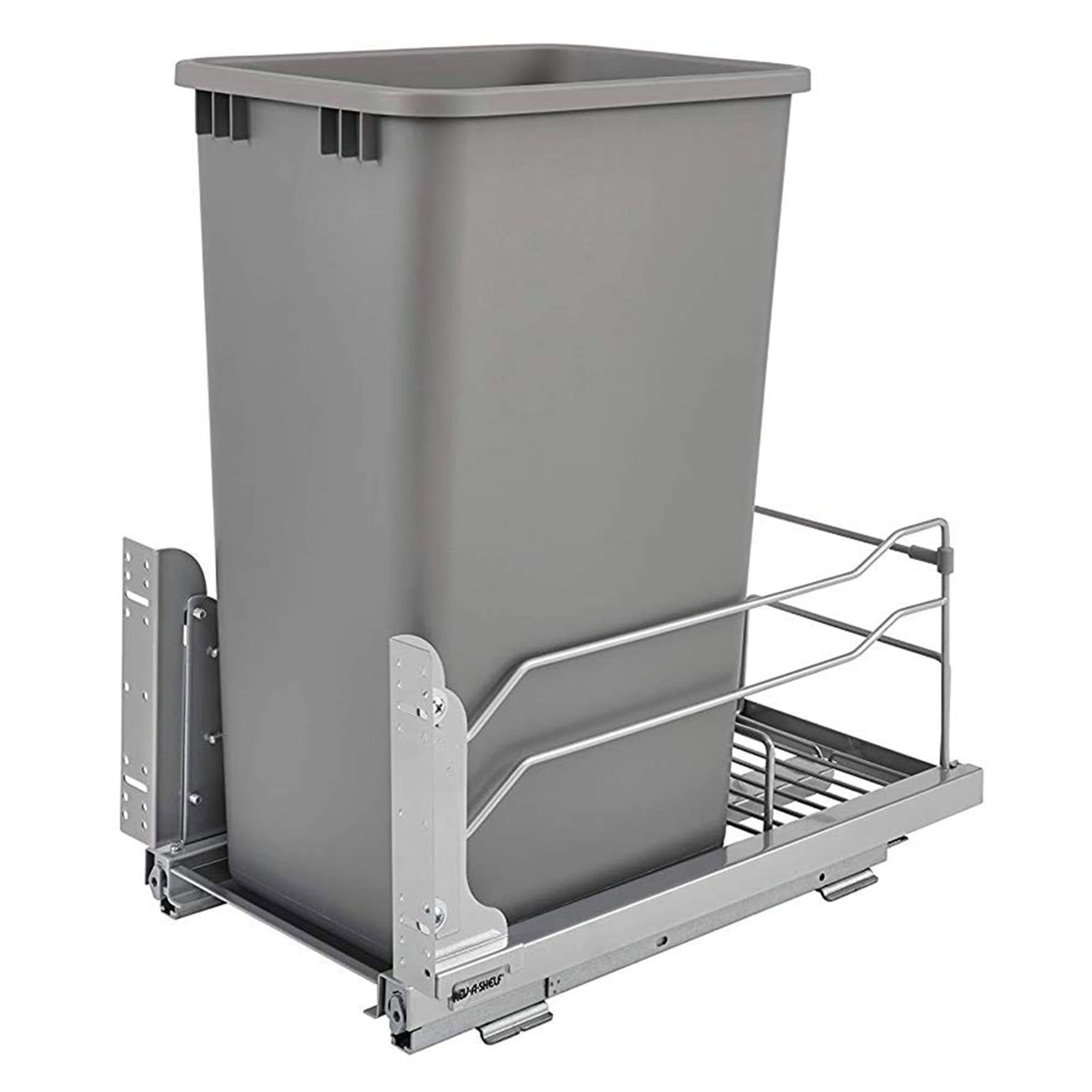 Rev-A-Shelf Pullout Trash Can for Full-Height Kitchen Cabinets 50 Quart 12.5 Gallon with Soft-Close Slides and Storage, Silver, 53WC-1550SCDM-117