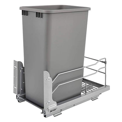 Rev-A-Shelf Pullout Trash Can for Full-Height Kitchen Cabinets 50 Quart 12.5 Gallon with Soft-Close Slides and Storage, Silver, 53WC-1550SCDM-117