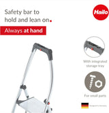 Hailo LivingStep Comfort Plus | Aluminum Folding Stepladder | Two Extra Large Steps | Stepladder with high Curved Safety bar and Storage Tray | Soft-Grip Base | Rustproof | Silver