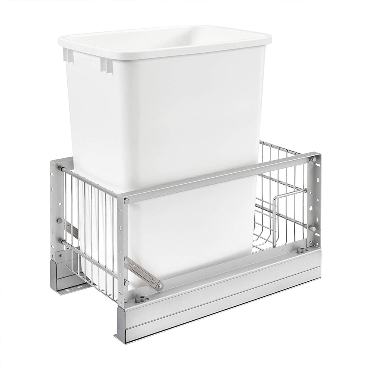 Rev-A-Shelf Double Pull Out Waste Container Storage with 2 27 Qt Trash Cans and Wire Basket for Kitchen Cabinets, White, 5349-1527DM-2