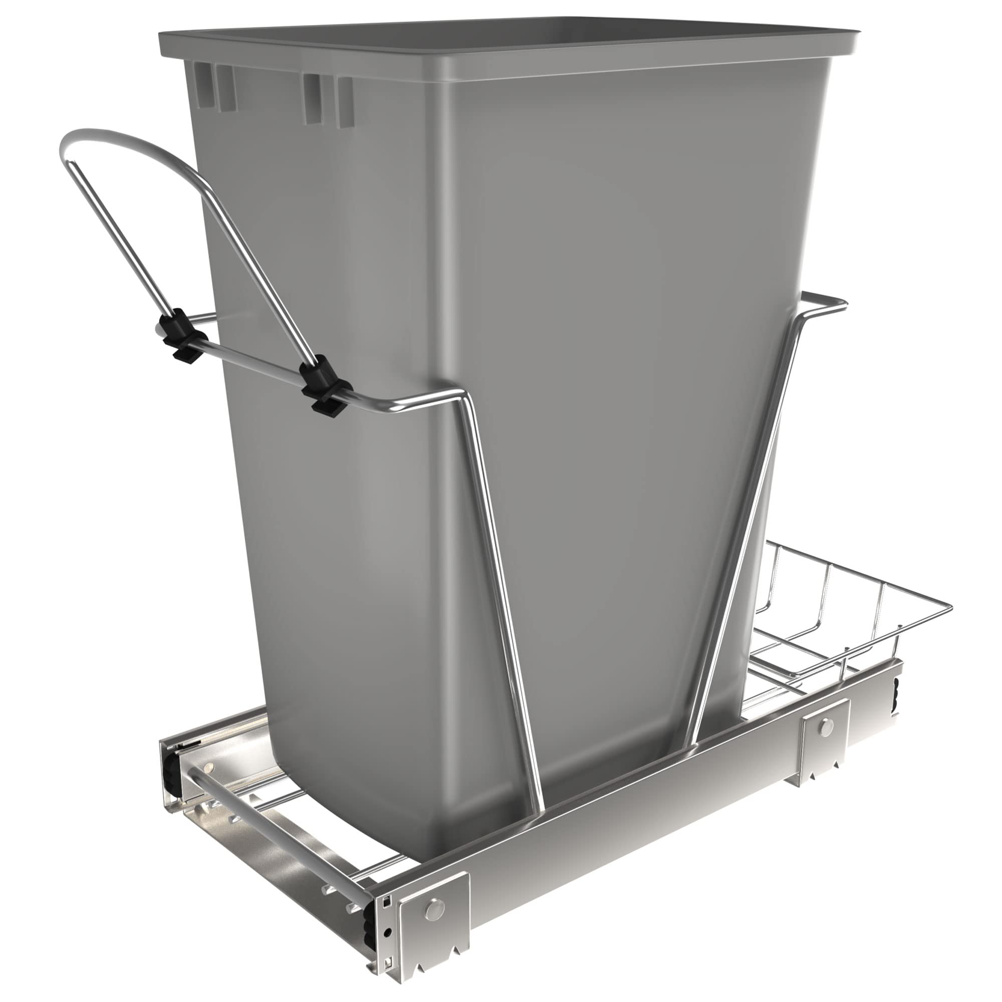 Rev-A-Shelf Pull Out Trash Can for Under Kitchen Cabinets 35 Qt 12 Gallon Garbage Waste Recycling Bin with Full Extension Slides, Silver, RV-12KD-17C S