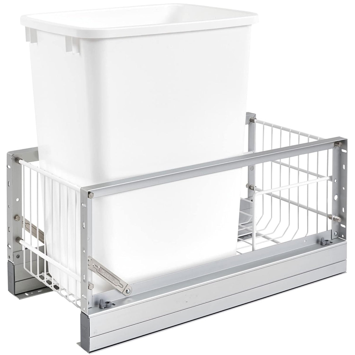 Rev-A-Shelf Double Pull Out Waste Container Storage with 2 27 Qt Trash Cans and Wire Basket for Kitchen Cabinets, White, 5349-1527DM-2