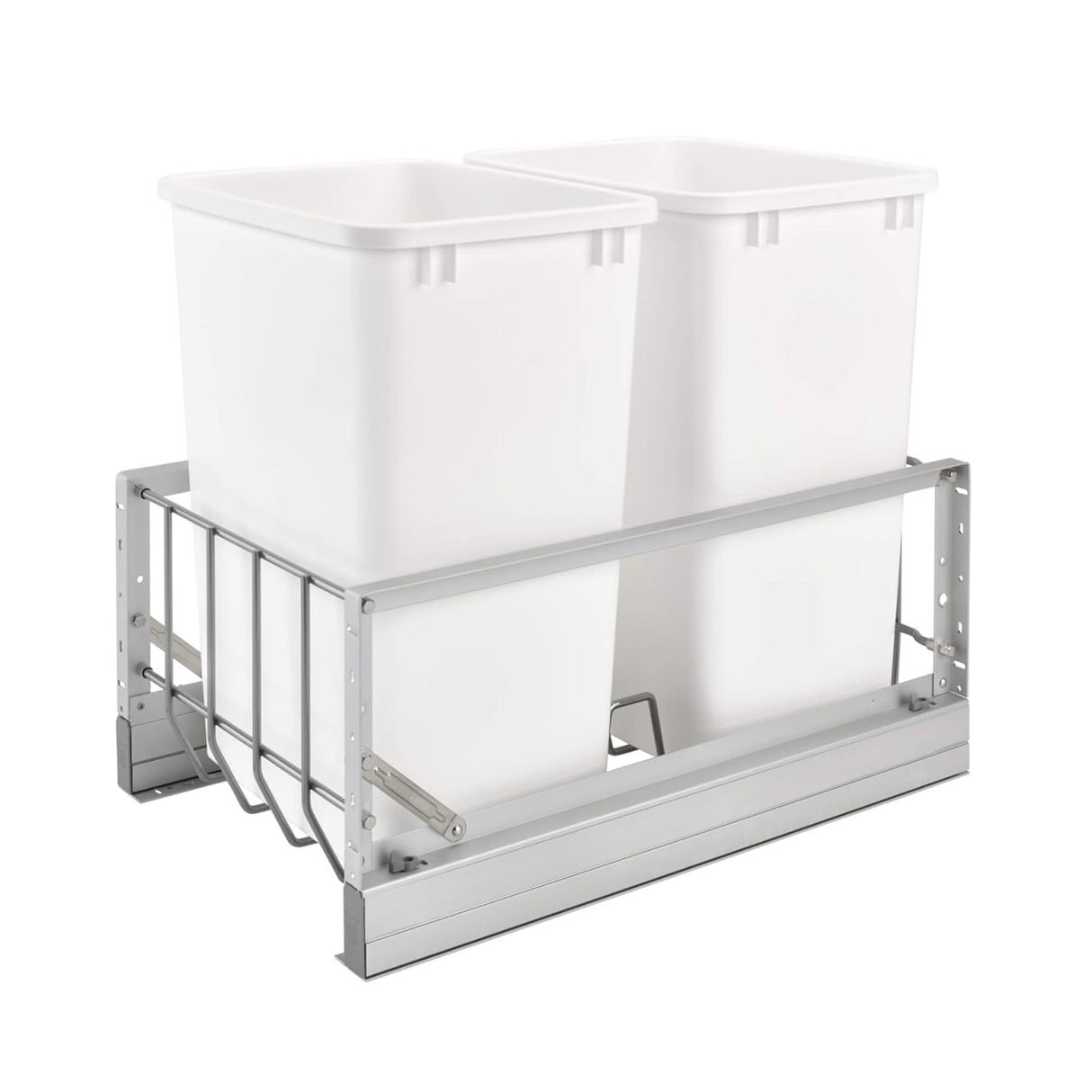 Rev-A-Shelf Double Pull Out Waste Container Storage with 2 27 Qt Trash Cans and Wire Basket for Kitchen Cabinets, White, 5349-1527DM-2